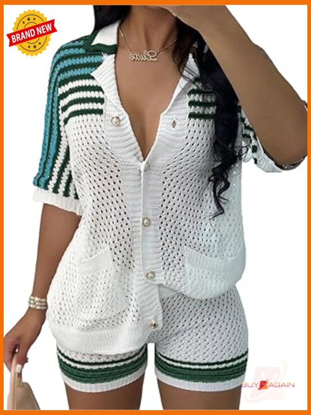 Short Sleeve V Neck Stripe Knit Sweater Short Set